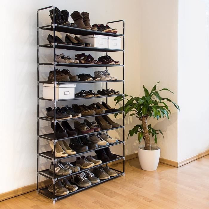 100cm étagère à chaussures  pour 50 paires , meuble de rangement 10 étages compartiments 100 x 28 x 175cm, noir