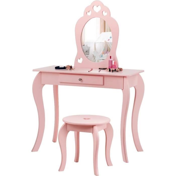 costway coiffeuse pour enfant avec miroir, inclus de table de maquillage et detabouret, dessus amovible, rose