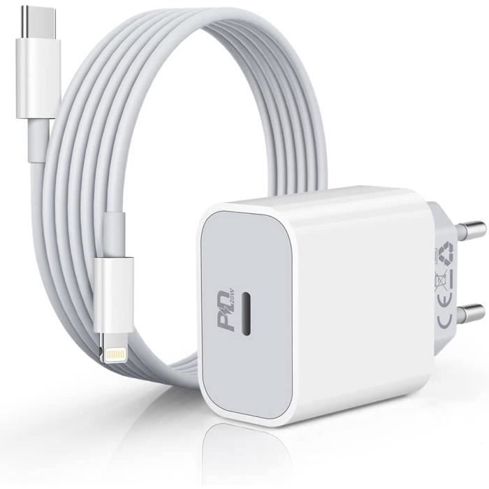 Chargeur Secteur USB-C 20W + Câble Lightning Power Delivery Original Apple  Blanc