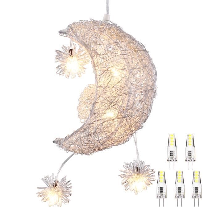 Zaku Suspension Luminaire Moderne Lune Et Étoiles 5 Lampes LED Lustre Plafonnier 20cm en Lumière Blanche Chaude