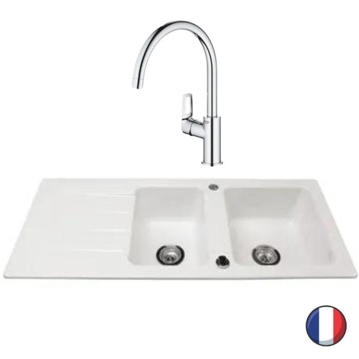 Evier 1 bac et demi 116 x 51 cm VILLEROY ET BOCH Architectura 8 + Robinet cuisine GROHE Bauloop