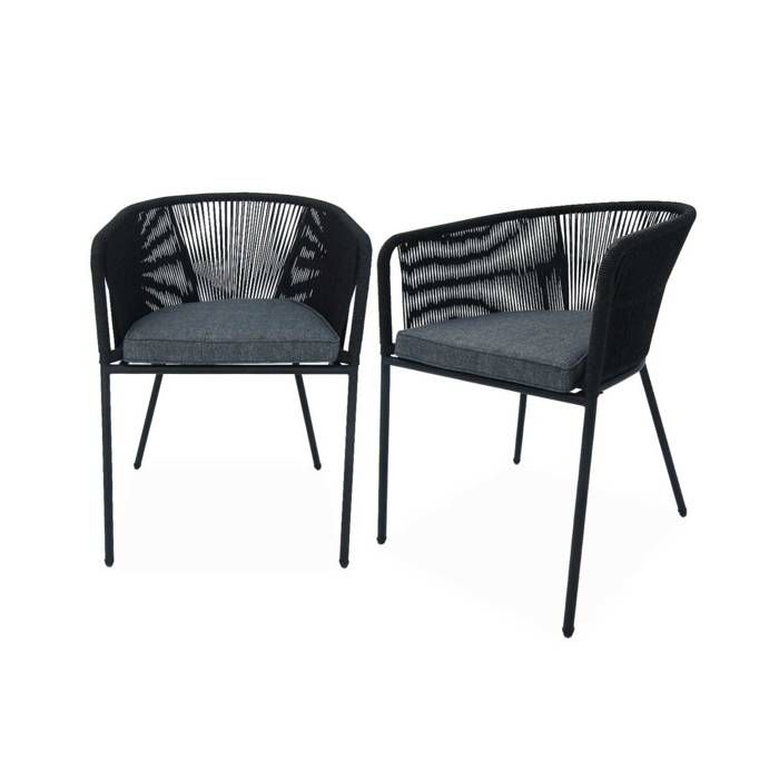 Lot de 2 fauteuils de jardin en corde noire et acier galvanisé. coussin gris Lot de 2 fauteuils de jardin en corde noire et acier galvanisé. coussin gris