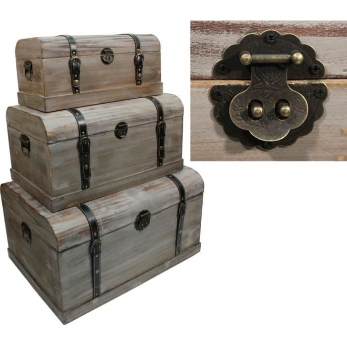 3 coffres au trésor en bois gris – Coffre de style antique colonial