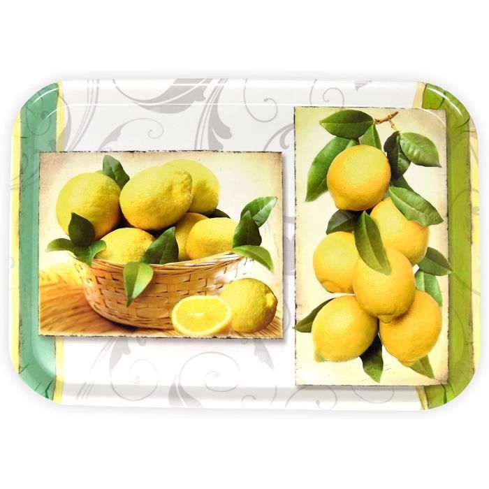Petit Plateau Rectangulaire Motif Olives Et Citrons – AMBIENTE, Mélamine Beige