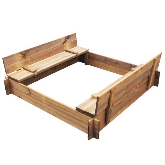 Bac à Sable 120x120 Cm – Bois Imprégné Orange – Avec Couvercle, Bâche Et Agrotextile – 2 Bancs