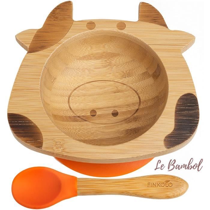 Forme Cochon Vaisselle Apprentissage LOriginal Bambol par Finkolo Bol Ventouse pour Bébé et Cuillère en Bambou Naturel 