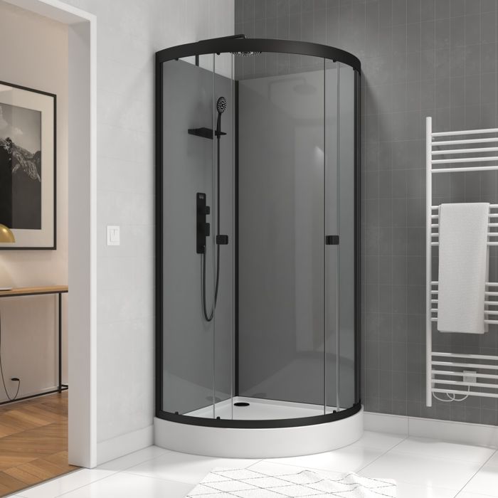 Cabine de douche 1/4 de cercle 90x90x215/230 cm - Fonds Gris Profilés Noir Mat - FOGGY Cabine de douche 1/4 de cercle 90x90x215/230 cm - Fonds Gris Profilés Noir Mat - FOGGY
