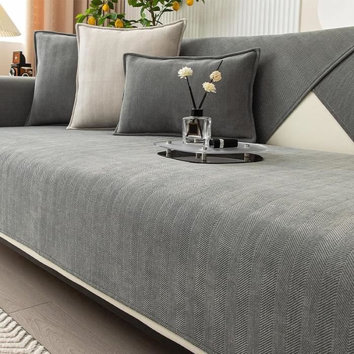 Housse de canapé - AUTREMENT - Chevron Chenille - Gris - 110 cm x 110 cm - Lavable en machine