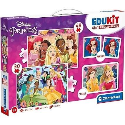Clementoni Edukit Disney Princesses Coffret apprentissage 4 en 1 2 puzzles 1 mémo 1 jeu de 6 cubes Fabriqué en Italie