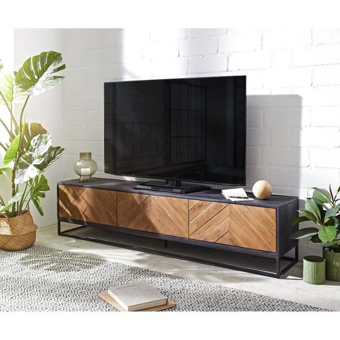 meuble-tv famke noir 200x40x27 cm lowboard bois éxotique fishbone