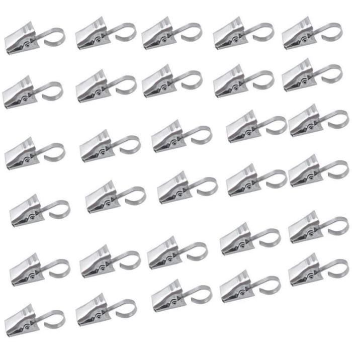 40 Anneaux à Pince Pour Rideaux Avec 80 Crochets Transparents - Argent 30mm