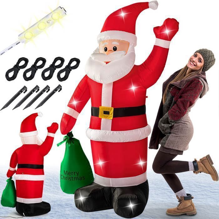 Père Noël Gonflable Géant 245 Cm Avec LED - Sac De Cadeaux Joyeux Noël - Décoration Extérieure Jardin Lumineuse IP44 Étanche