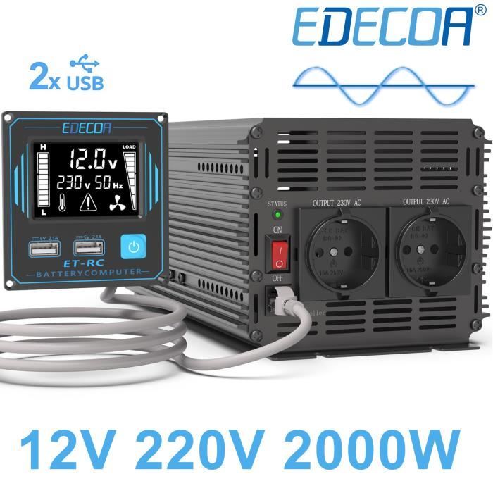EDECOA 2000W Pur Sinus Convertisseur 12v 220v Transformateur 4000W Crête avec Télécommande LCD et USB Inverter Pure Sine Wave