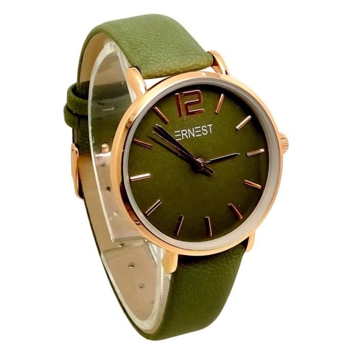 MONTRE FEMME Fine VERT Kaki clair Cuir CLASSIQUE CUIVRE ROSE GOLD