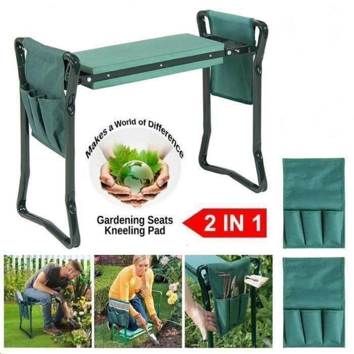 tabouret de jardin à genoux pliant avec sacs à outils - power bright - vert