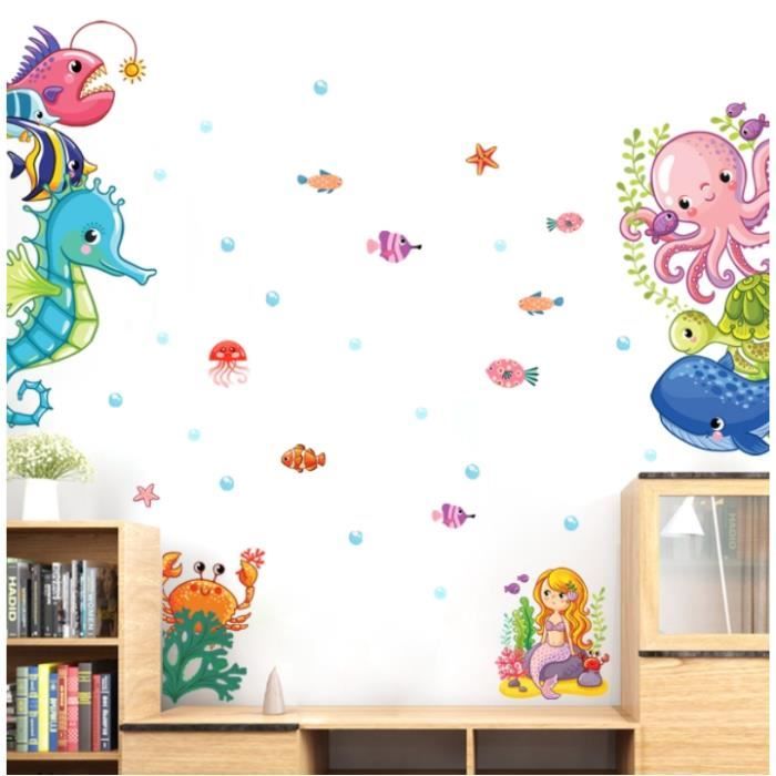 Stickers Muraux Sous La Mer - Poissons Tropicaux, Tortue, Algues Pour Chambre Enfant Et Salle De Bain