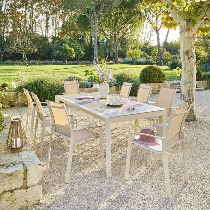 Table de jardin Évasion effet bois lin & argile 8 places lates en aluminium - Hespéride