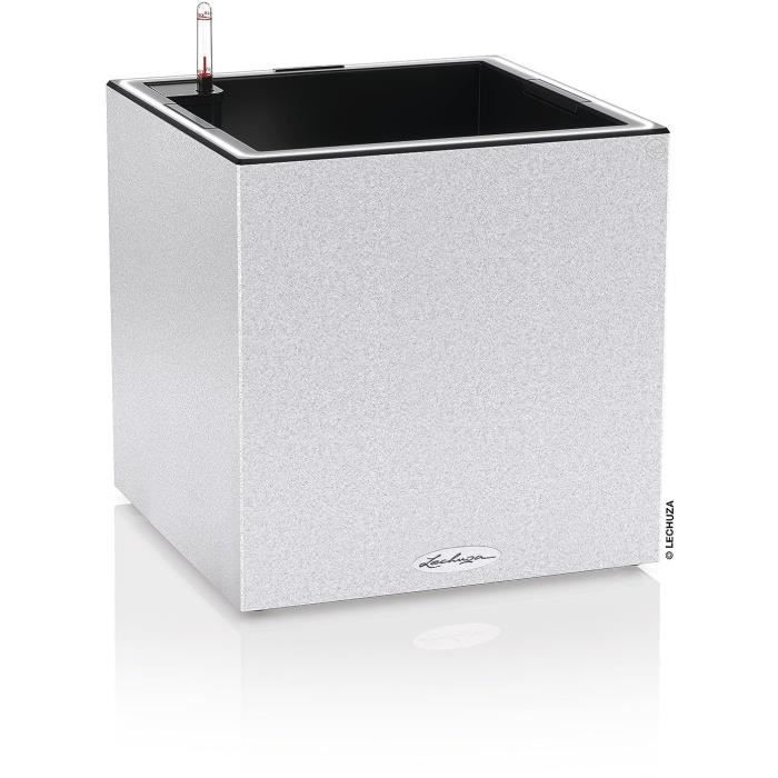 Pot de fleur LECHUZA Canto Stone Cube 40 - kit complet LED, blanc quartz