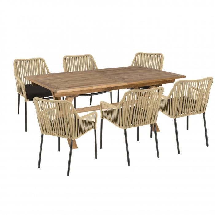 macabane malo - salon de jardin 6 pers. - 1 table rectangulaire 180x100cm et 6 fauteuils en cordage beige et noir
