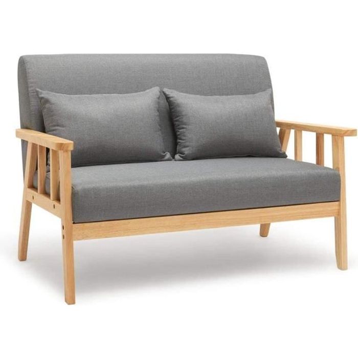 Canapé 2 Places,Fauteuil Salon Scandinave Cadre en Bois Surface en Tissu Lin,Gris Foncé - MONDEER