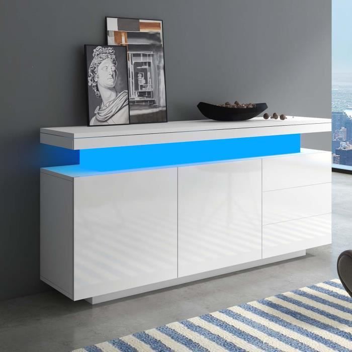 Buffet haute brillance avec 2 portes 3 tiroirs et LED pour salon et salle à manger - 140x35x72cm - blanc