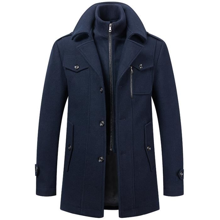 Manteau Homme en Laine Automne Hiver chaud,Trench Coat Classique Epais  Caban Slim Fit Élégant Business pour Hommes-Bleu