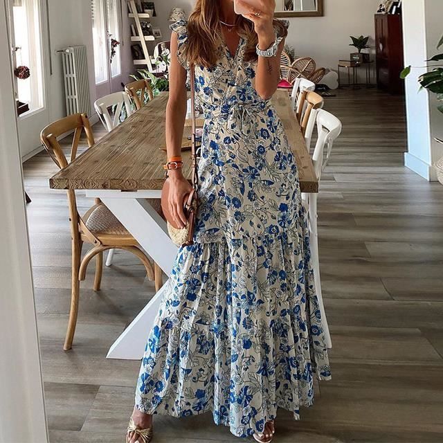 Robe Robe longue de soiree Sexy pour femmes col en V imprime Vintage style Boho manches volantes mode Sexy Slim Maxi 02 Blue F27
