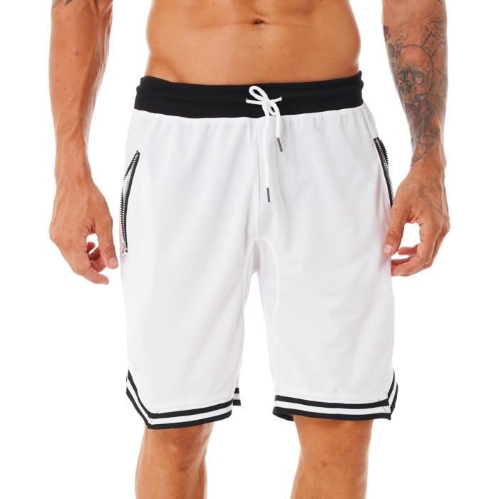 short de sport homme poche zippée basketball football course à pied fitness pantalon court m-3xl blanc - yizyif