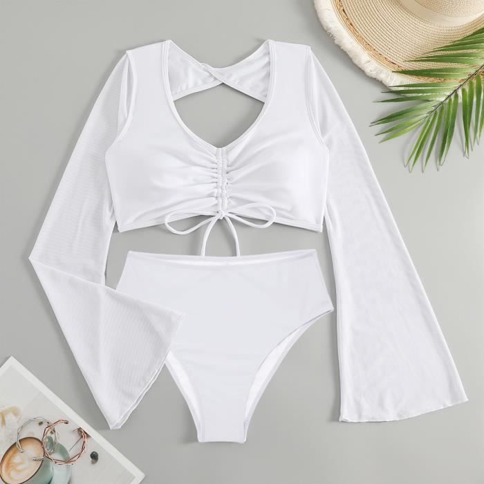 Maillot de bain Femme 2 pièces Stretch Col V Manches longues Plage