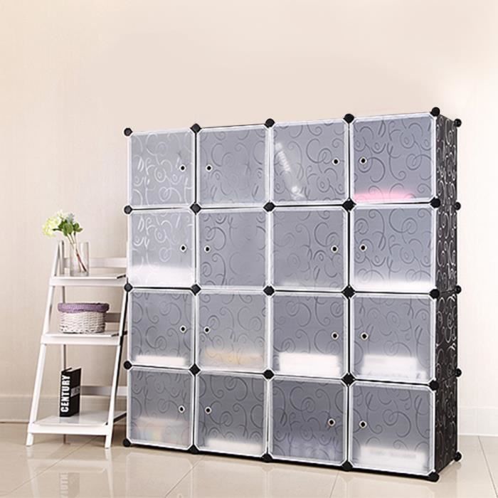 armoire portable - ohmg - étagère de rangement avec 16 casiers - porte modulable - noir