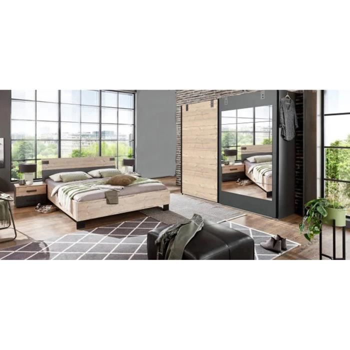 Chambre à coucher complète adulte (lit 140x200 cm + 2 chevets + armoire) coloris chêne