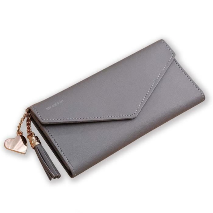 TD® Portefeuille femmes Simple Long Pompon Porte-monnaie porte-cartes sac à main Gris Long avec Gland et Franges