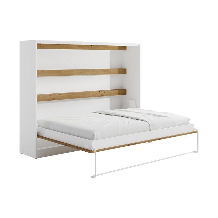 Lit escamotable 140 x 200 cm - Ouverture horizontale manuelle - Avec LEDs - Blanc et naturel - RAPILI