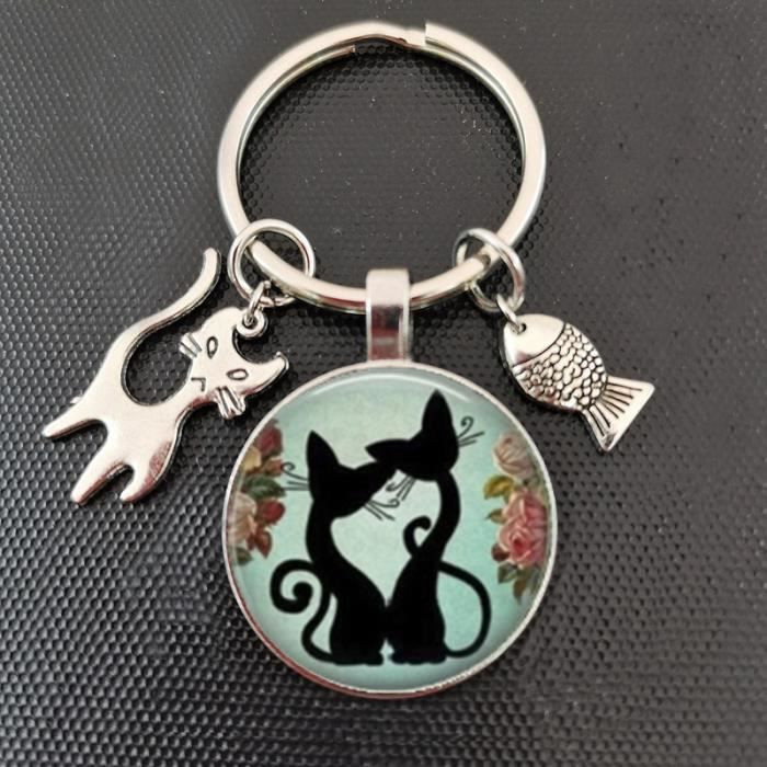 Porte-clés Bijou Cabochon Imprimé Chat Siamois, Acier Argenté, Style Tendance - Neuf Avec étiquettes