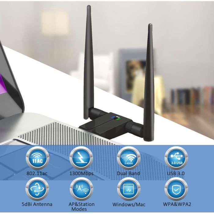 Clé WiFi Puissante, ZAMUS Cle WiFi AC1300 Mbps Adaptateur WiFi USB 3.0  Double Dande 2.4G/5GHz Antenne à Gain Élevé 5dBi Pour PC - Cdiscount  Informatique