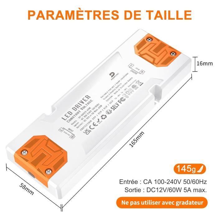 Dustkec Transformateur 220V 12V 5A D'Alimentation Led 60W, Transfo Led ...
