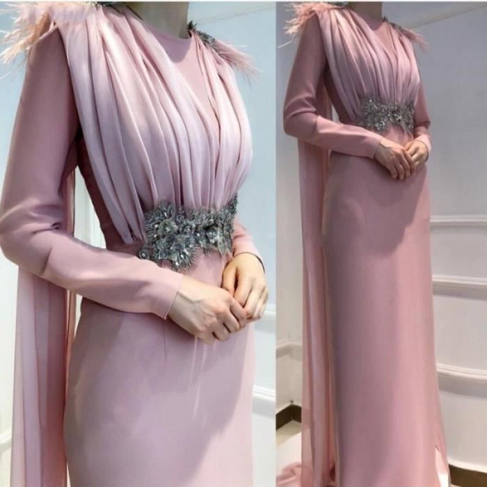 Robe de bal arabe longue rose pour femmes tenue de soiree musulmane a manches longues a volants et plumes sur mesure Blanc Cdiscount Pret a Porter