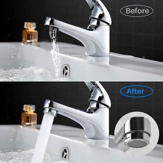 2 Pièces Filtres de Robinet, 360 ° Pivotant Filtre eau Robinet, avec 6 éléments Filtrants en Coton PP, Embout Détartrant, pour cuisine, salle de bain, évier