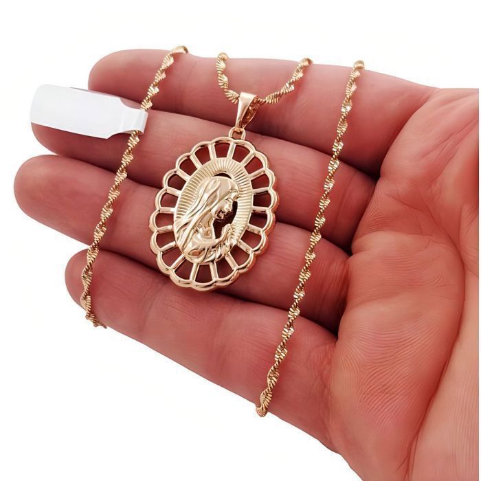 Collier Pendentif Vierge Marie Plaqué Or 750 - Ovale, Chaîne 50 Cm, Neuf Avec étiquettes
