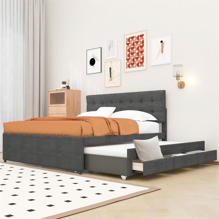 Lit Double 140x200 Avec Tiroirs Et Lit Gigogne - Tête De Lit Réglable - Tissu Beige - Sans Matelas