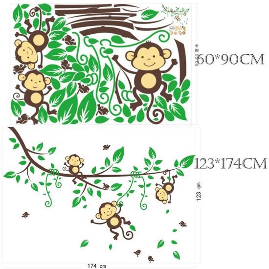 Sticker Mural Autocollant Animaux murale singe bébé Arbre Enfants #a1