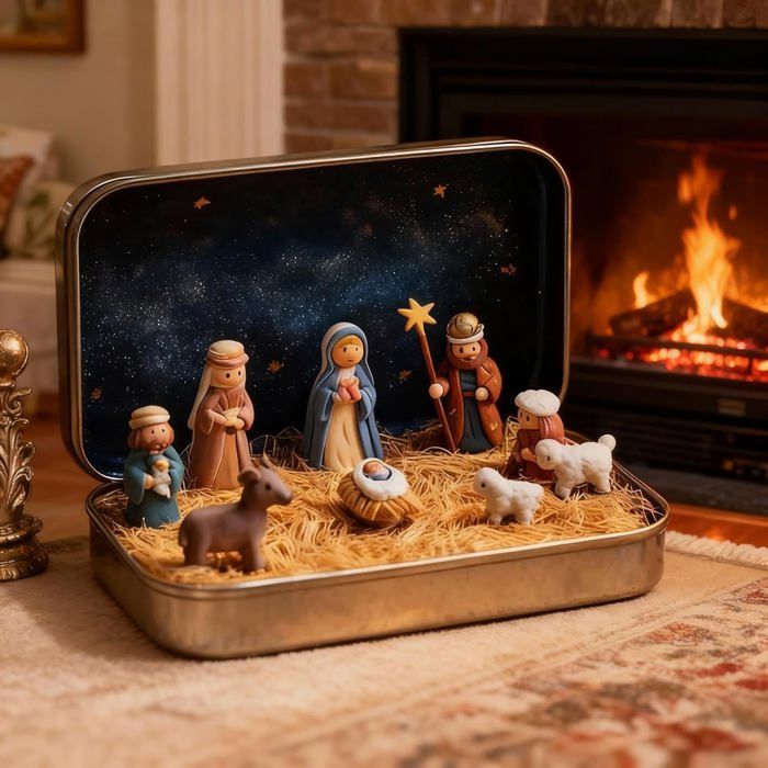 Crèche De Noël Miniature En Boîte Métal - Figurines En Résine (Sainte Famille, Moutons) - Environ 9,5x6 Cm - 8