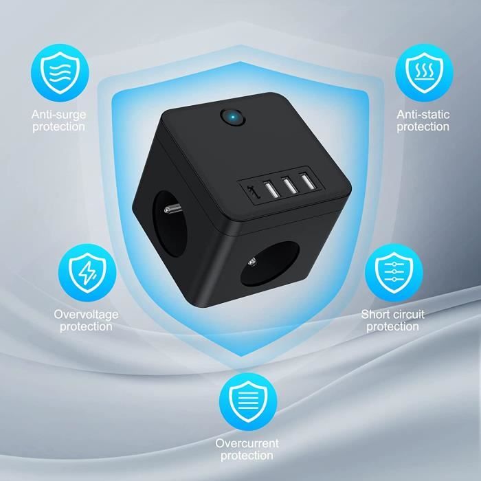 BlueFire Prise USB Multiple, Multiprise Electrique Cube avec 3 Prises, 3  USB et 1 Type-C, 7 en 1 Tour Multiprise avec Interrupteur, Bloc Multiprise