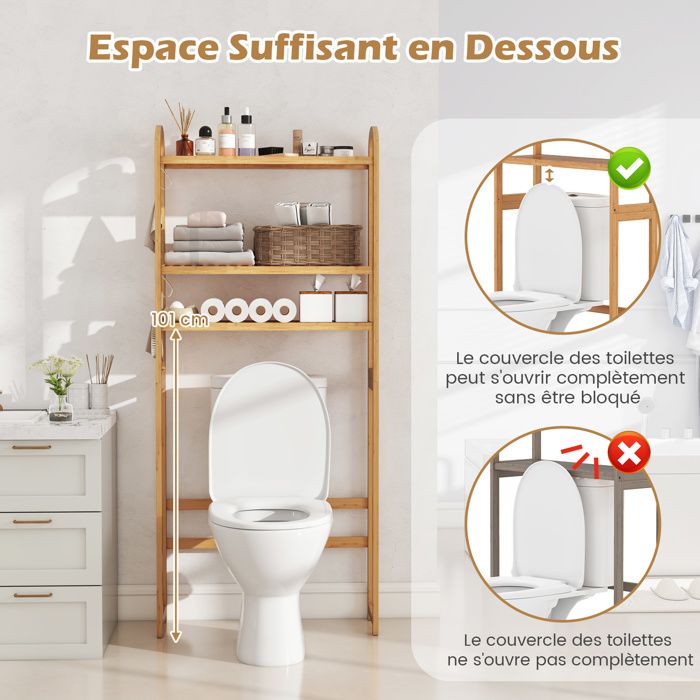 COSTWAY Meuble De Rangement Pour Salle De Bain En Bambou - 3 étagères Ajustables, 3 Crochets, à Placer Au-dessus Des Toilettes - Dimensions 71,5x25x166 Cm, Charge 60 Kg