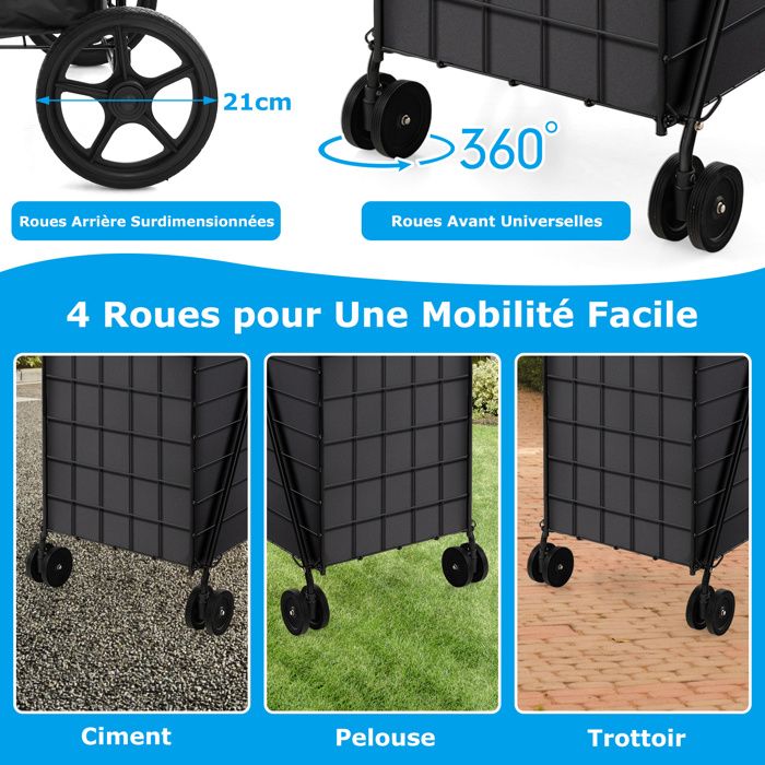 COSTWAY Chariot De Courses Pliable - 83L Capacité | Charge 35kg | 4 Roues | Structure Métal Anti-Rouille