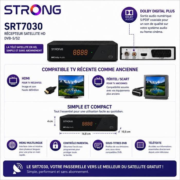 STRONG - Terminal Satellite FTA -SRT7030 - Compatible 64 Satellites ...
