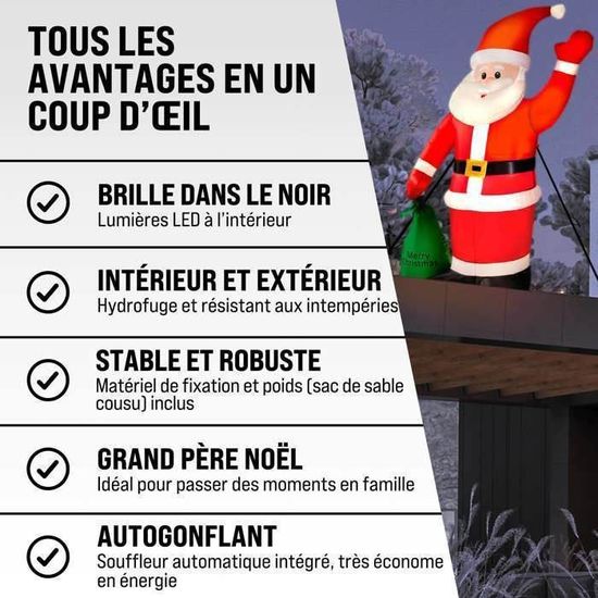 Père Noël Gonflable Extérieur 1,8 M - Avec éclairage LED Et Kit De Fixation - Décorations Noël