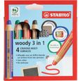 Etui carton x 4 crayons multi-talents STABILO woody 3in1 pour ardoises et tableaux blanc + 1 taille crayon + 1 chiffonnette - noir-0