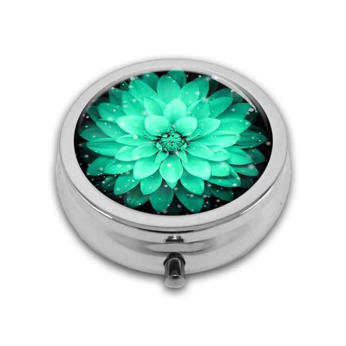 ANCIENNE JOLIE PETITE BOITE PILLULE RONDE EN VERMEIL ARGENT EMAIL BLEU CABOCHON