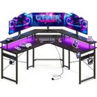 AUTREMENT Table de gaming avec LED, Bureau d'ordinateur noir avec 2 prises électriques et 2 ports USB, avec large plateau pour moniteur